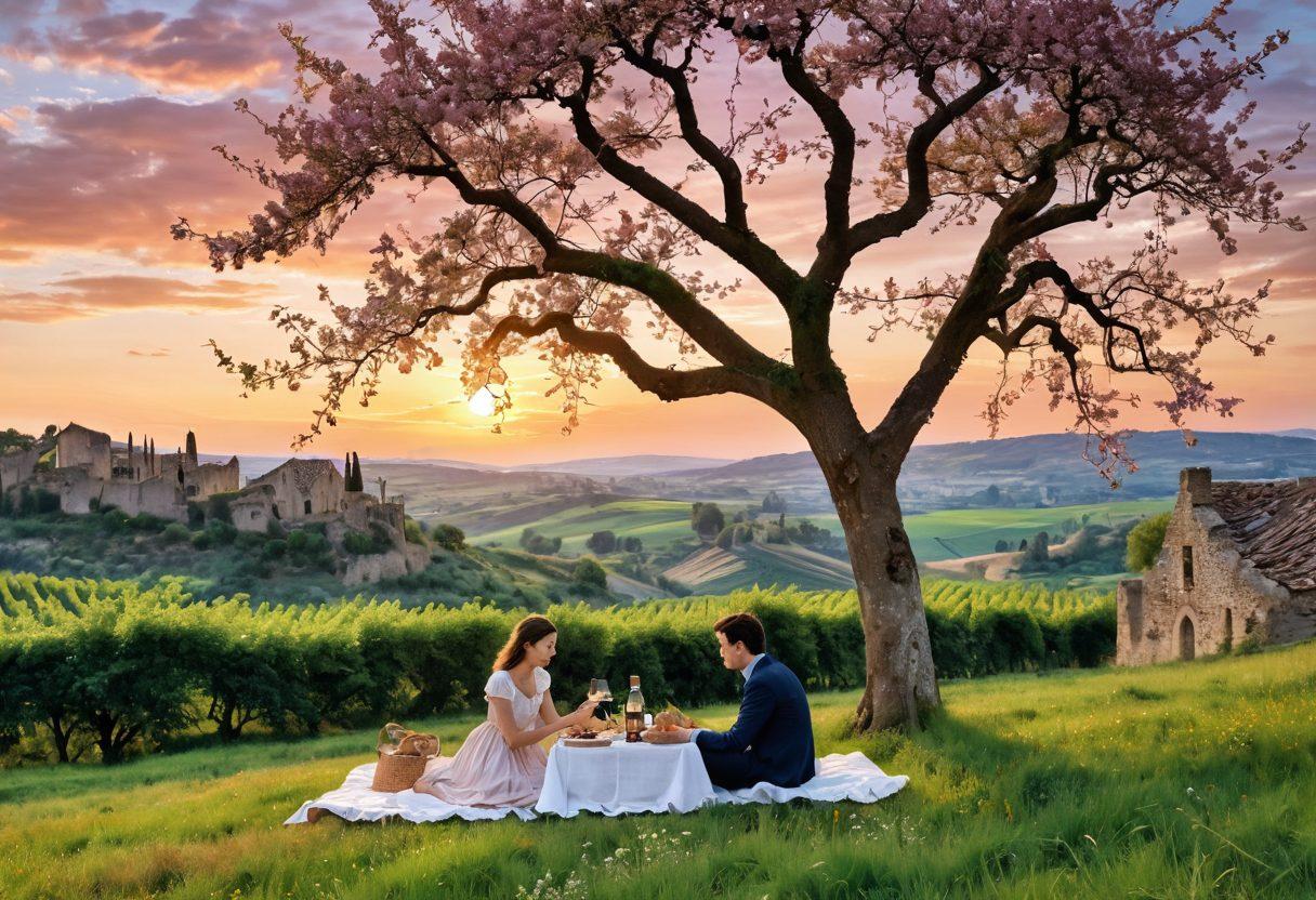 A romantic scene set in a lush French countryside, with a couple sharing a picnic under a blooming tree, surrounded by ancient Gaulish ruins. The backdrop should feature vineyards and softly rolling hills, with subtle hints of historical artifacts like pottery and sculptures scattered about. The sky should be painted in warm sunset hues to evoke intimacy and nostalgia. enchanting style. vibrant colors. painterly effect.