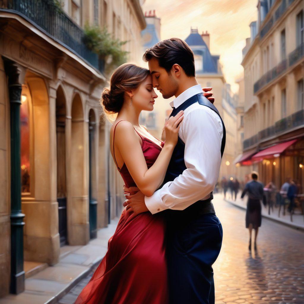 A romantic Parisian street scene featuring a couple entwined in a passionate embrace, with historic French architecture in the background. The scene is infused with elements of erotic expression, such as subtle heart motifs and flowing fabrics, symbolizing love's evolution through time. Soft, warm lighting highlights the mood and creates an inviting atmosphere. Impressionist style with vivid brushstrokes.