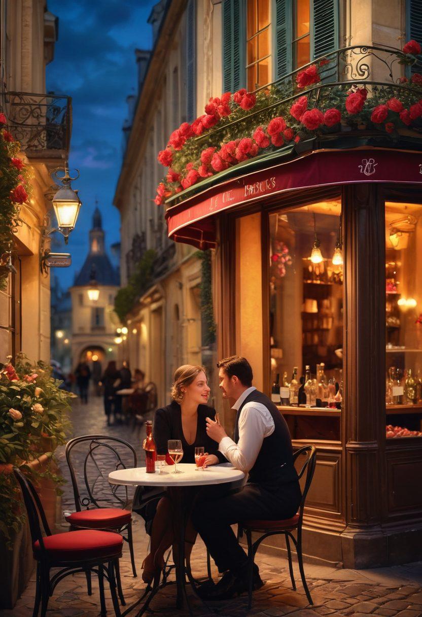 A romantic scene depicting a charming Parisian café with couples engaged in intimate conversations, soft candlelight illuminating their faces. The background showcases historic French architecture, and the foreground features a table adorned with roses and a bottle of wine. The image should evoke a warm, passionate atmosphere filled with a sense of nostalgia and love. vibrant colors. super-realistic.